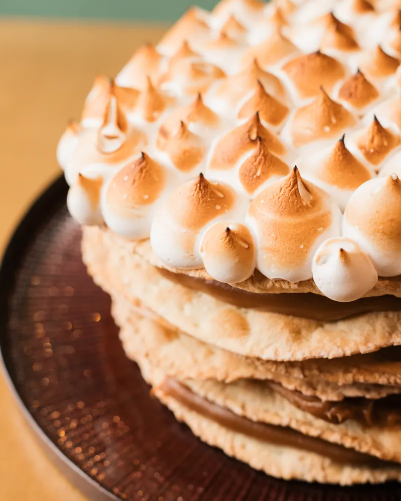 Torta com cobertura de merengue maçaricado em prato escuro